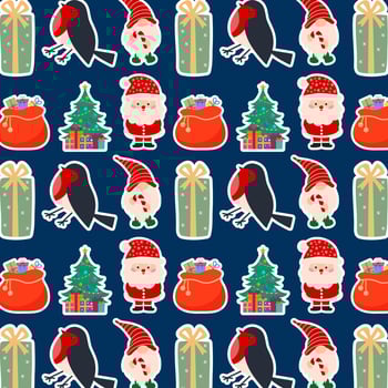 Christmas pattern with funny Santa, gnome, bird, gift and fir tree on blue background for holiday design. vector