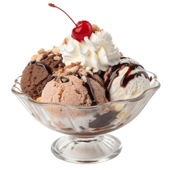 Delicious ice cream sundae with chocolate sauce whipped cream and cherry png