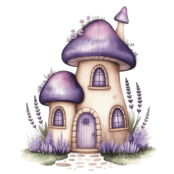 A purple mushroom house with lavender flowers png