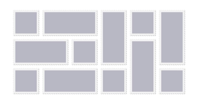 Post stamp shape. Travel postcard vintage seal, paper mail delivery shipping fee symbol. Jagged circled blank sticker, square mark horizontal template. Philately album empty set, email tag vector