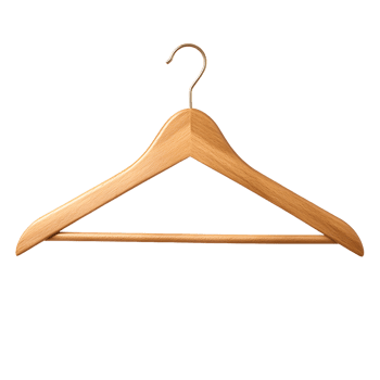 A single wooden clothes hanger with a golden hook and a bar for trousers isolated on transparent background png