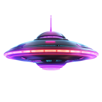 Futuristic flying saucer with glowing purple and blue lights and antenna isolated on transparent background png