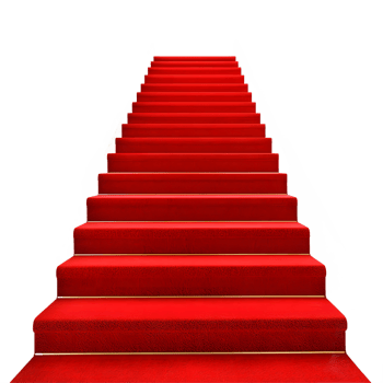 Luxurious red carpet stairs with golden trim and white banisters isolated on transparent background png