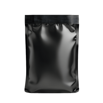 Realistic 3d render of a black foil pouch packaging isolated on transparent background png