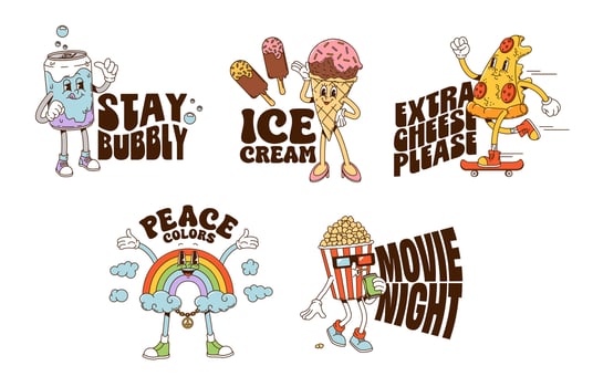 Fast food cartoon y2k groovy stickers pack vector