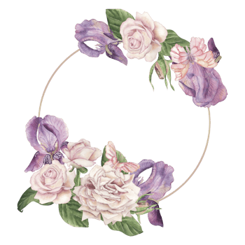 A round frame decorated with purple irises, delicate pink roses, and butterflies. The watercolor illustration is painted in watercolor in a botanical style in pastel shades. For postcard, wedding png