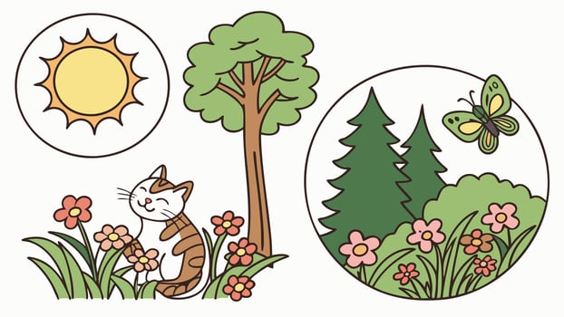 A cartoon cat and a tree with flowers and butterflies vector