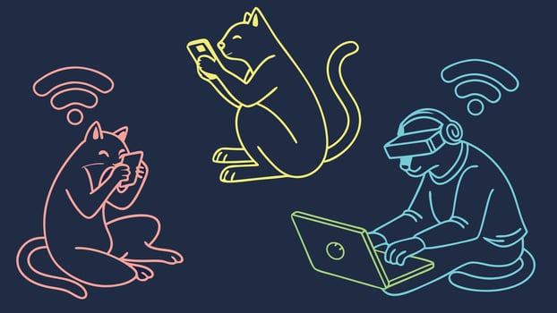 Three different cats sitting on a laptop and using a phone vector
