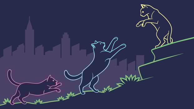 Three cats are playing on a hill in front of a city vector