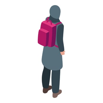 Muslim woman wearing backpack walking away isometric view vector