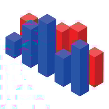 Red and blue bars showing growth and decline isometric projection vector