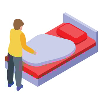 Hotel room service attendant making bed with clean sheets vector