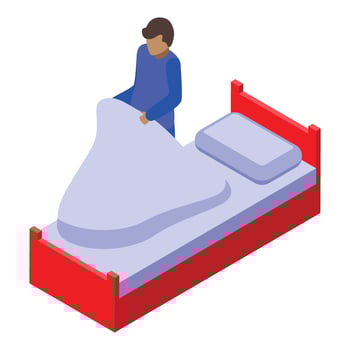 Man making bed in bedroom, arranging blanket on mattress, morning routine vector