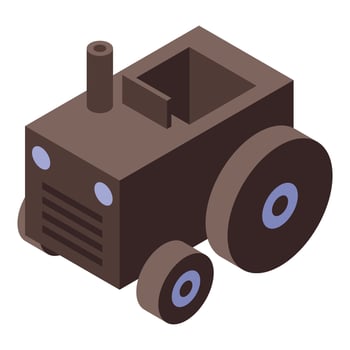 Brown tractor cultivating agricultural land, isometric projection of farming machinery vector