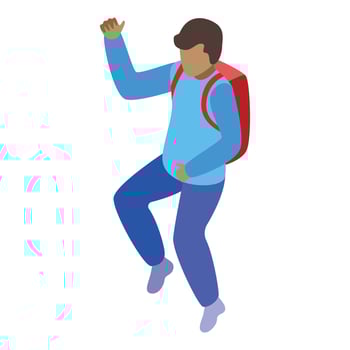 Happy student walking and waving with backpack, isometric view vector