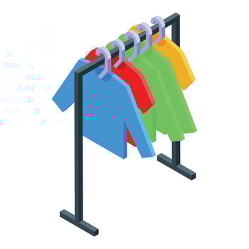 Colorful sweaters hanging on clothes rack in isometric view, shopping and fashion concept vector