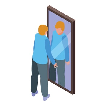 Young man looking at his reflection in mirror, narcissism and self confidence concept vector