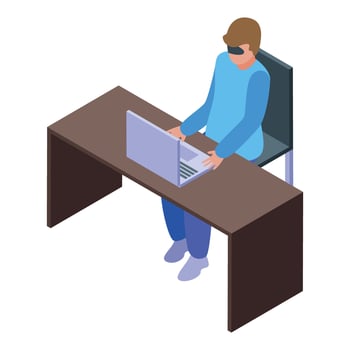 Blindfolded programmer working on laptop at desk, cyber security concept vector