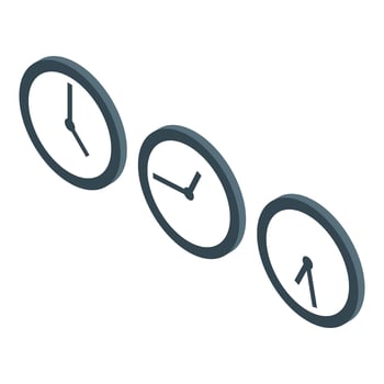 Three clocks showing different times in isometric view vector