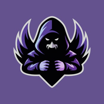 A Sinister Purple-Hooded Figure with Glowing Eyes and Wings, Resembling a Dark Angel or Phantom, on a Purple Background vector