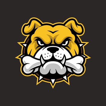 A Ferocious Yellow Bulldog Mascot Head with a Bone in its Mouth and a Spiked Collar on a Dark Background vector