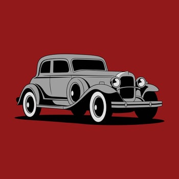 Classic Grey Vintage Car Illustration with White Wall Tires on a Red Background, Perfect for Automotive Enthusiasts or Retro Themes vector