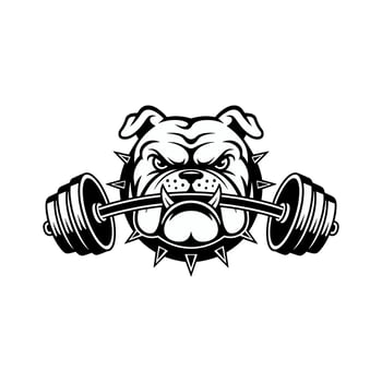 Black and White Bulldog Mascot Lifting a Barbell with Spiked Collar vector