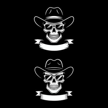 Two White Skulls with Cowboy Hats and Sunglasses and Blank Ribbons vector