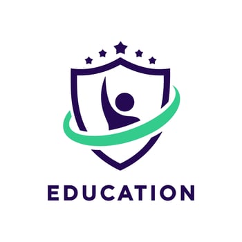 Dynamic Education Logo with Shield, Stars, Swirling Green Element, and Abstract Person with Raised Arm Representing Achievemen vector