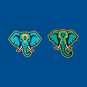 Two Stylized Blue Elephant Head Mascots with Yellow Accents, One Facing Forward and One in Profile, on a Dark Blue Background vector