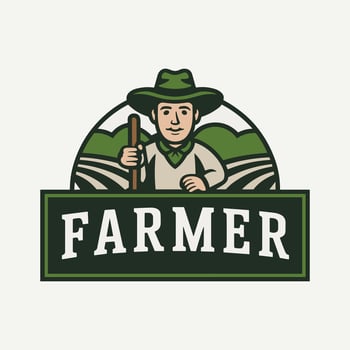 Traditional Farmer Character Logo with Hat and Staff in Front of Green Rolling Hills and Farmland vector