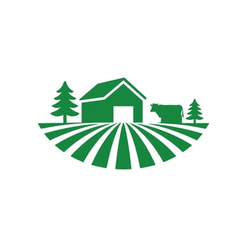 Green Farm Landscape Logo with Barn, Cow, and Pine Trees on Cultivated Fields Representing Agriculture and Rural Life vector