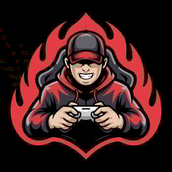 Intense Gamer Mascot with Controller and Fiery Red Background, Perfect for Esports Teams, Gaming Channels, or Online Streamers vector