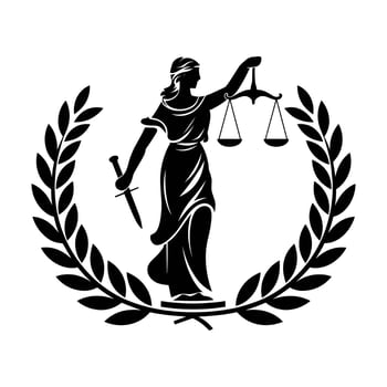 Classic Lady Justice Silhouette with Scales and Sword in a Laurel Wreath vector