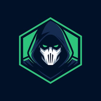 Dark Hooded Figure Esport Mascot Logo with Mask and Glowing Eyes in Hexagonal Frame vector