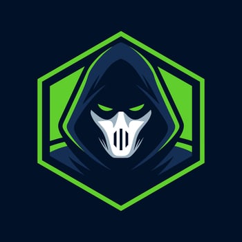 Mysterious Hooded Figure Esport Mascot Logo with Mask and Glowing Eyes in Hexagon Frame vector