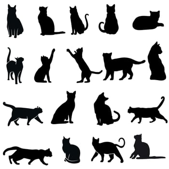Graceful black cat silhouettes in dynamic poses, set against a white background. Ideal for branding, prints, and apparel. Sleek minimalist design meets modern feline elegance vector