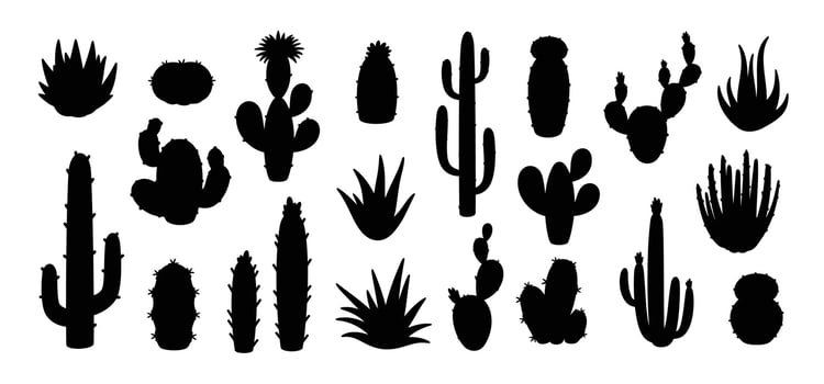 Black cactus silhouette. Desert plant. Different cactus types. Dark cactus icon in west arid landscape. Nature desert flora. Minimalism botanical home decor symbols. set vector