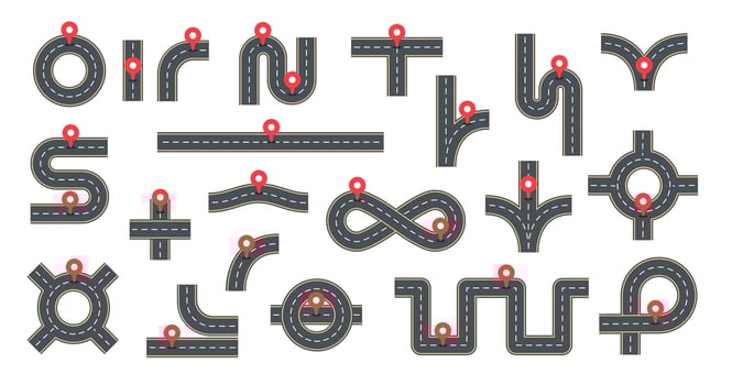 Road path. Navigation highway with pointer. Asphalt highway top view direction, route traffic, street roadmap. Gps location pin for destination path. Street roads plan kit. set vector