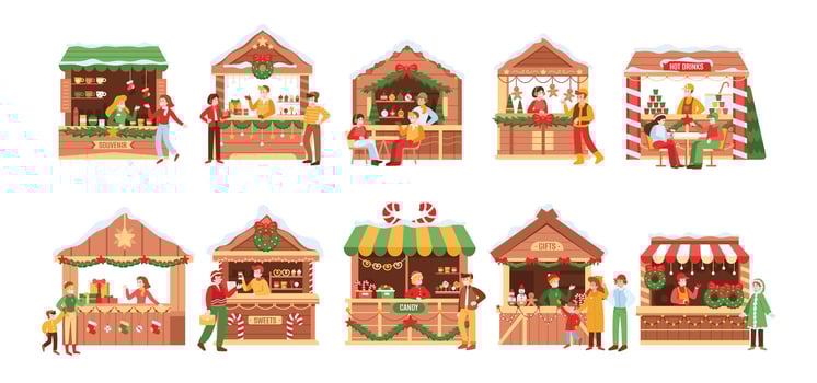 Christmas market stalls with people. Winter festival outdoor kiosks. Sellers and buyers at Xmas fair, sweets, drinks, gifts, food festive shops. Holiday celebration. collection vector