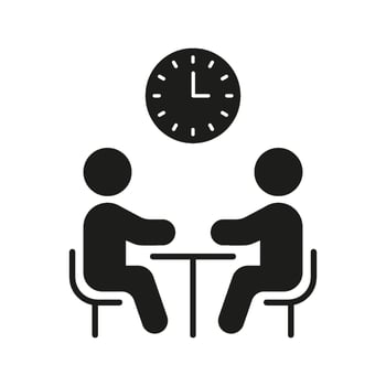Two People Meeting With Clock Solid Icon. Business Meeting, Appointment Scheduling, And Time Management Silhouette Symbol. Professional Interaction. Isolated Illustration vector