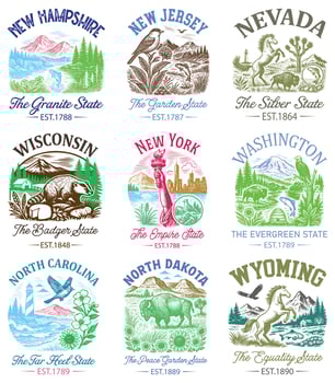 Bundle of Us States T-shirt , American State Cityscape Illustration, Vintage Retro State Cityscape Shirt, States Landmark sayings, USA City Skyline Clipart vector