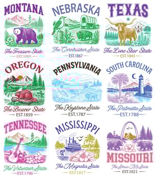 Various state emblems in vibrant colors vector