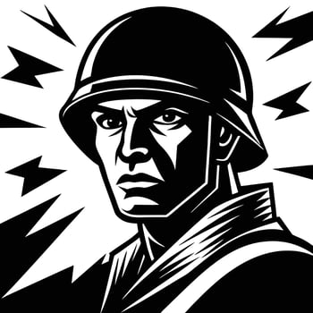 Determined soldier wearing helmet with sharp background elements portrait black vector