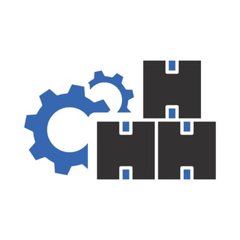 flat illustration, mass production icon, cardboard boxes and gears, factory vector