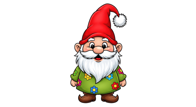 Cute garden gnome mascot with a red hat and white beard wearing a floral shirt on transparent background for spring garden decoration. png