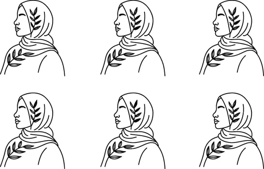 Line Art Portraits of Women Wearing Hijabs with Floral Accents vector