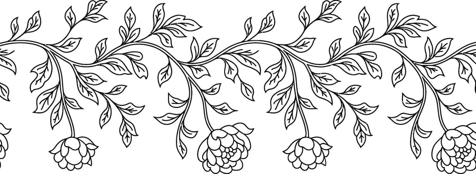 Black floral vine border with leaves and stylized flower blossoms vector