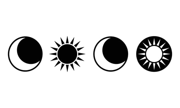 Celestial Icons with Sun and Moon Phases, Isolated Astronomy Symbols Design vector
