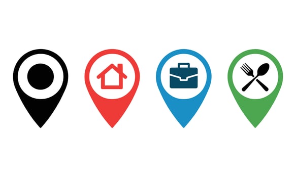 Location Pin Icons House, Briefcase, Food in Black, Red, Blue, Green Colors vector
